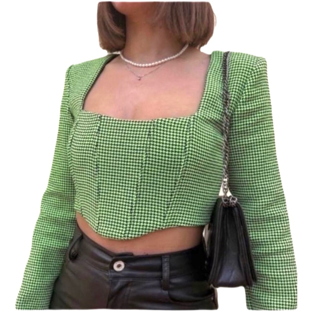 Zara Houndstooth Neon Green Corset
Bustier Crop Top Size XS Brat Summer